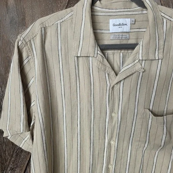 Goodfellow & Co Shirt Mens Size XL Tan White Black Stripes Button Up Linen Blend - Picture 2 of 6